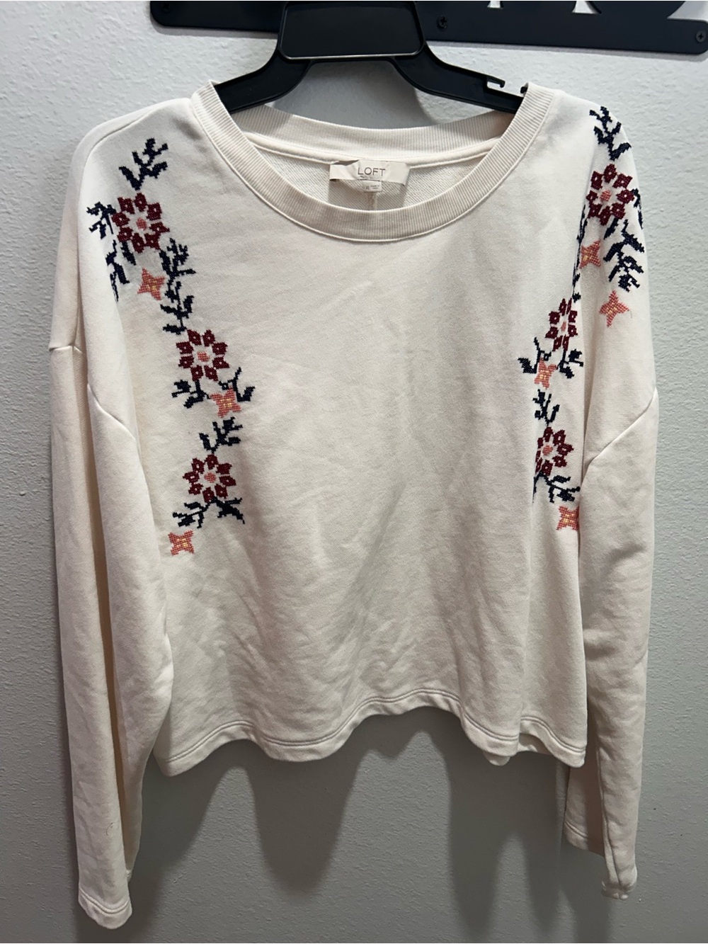 LOFT Cream Sweatshirt with Navy and Burgundy Floral Embroidery